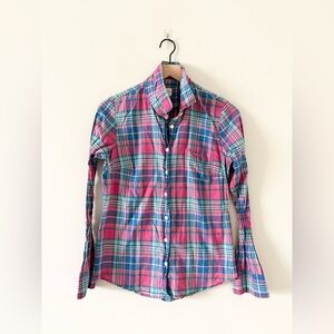 J. Crew Perfect Cotton Button Down Shirt in Blue Pink Green Plaid Size S